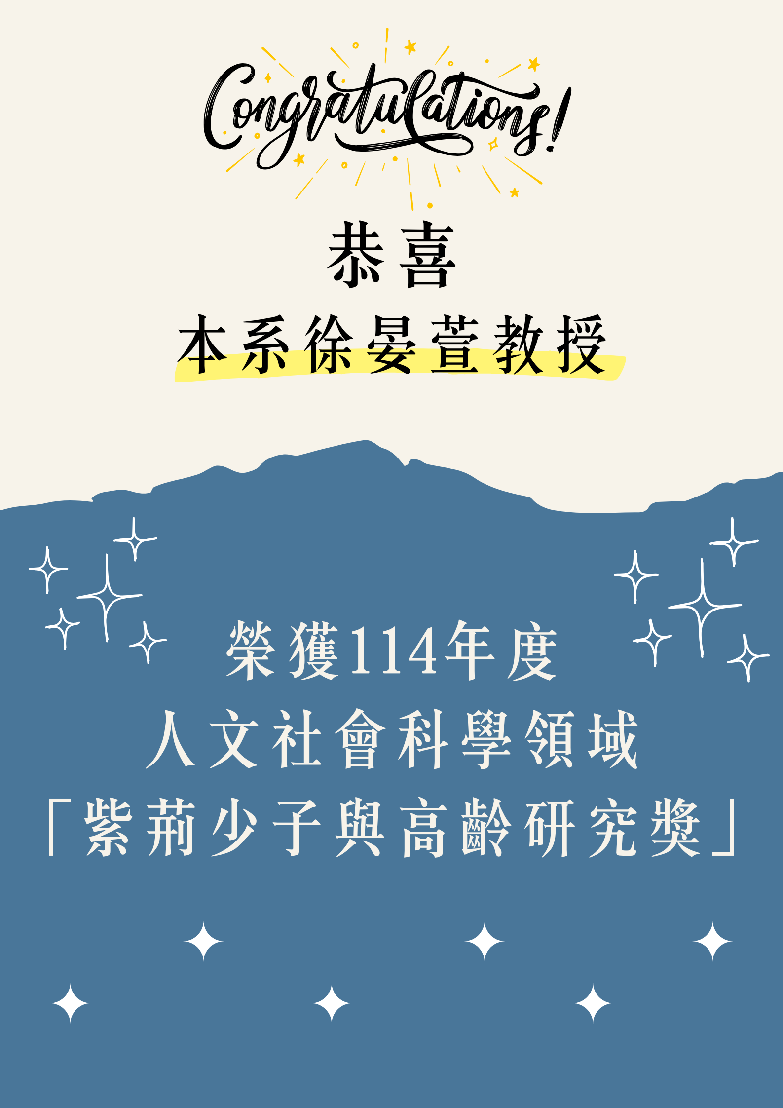 恭喜 徐晏萱教授 榮獲114年度 人文社會科學領域 「紫荊少子與高齡研究獎」